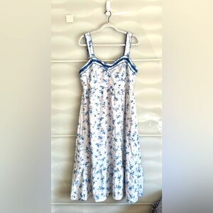 Joie blue and white floral linen midi dress size XL pockets sweetheart